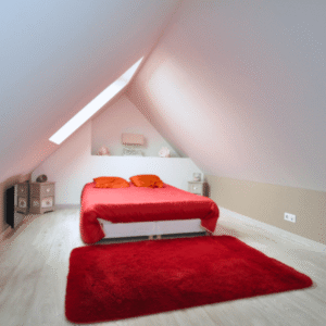Chambre sous combles à Chanteloup-en-Brie – création Moreno Création, lumière naturelle et confort sous toiture. Aménagement de combles à Dammartin-en-Goële avec chambre sous pente et fenêtre de toit – Moreno Création